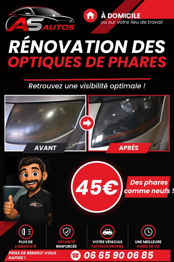 Rénovation des optiques de phares AS Vitrage : 45 euros pour les deux phares, téléphone 06 65 90 06 85